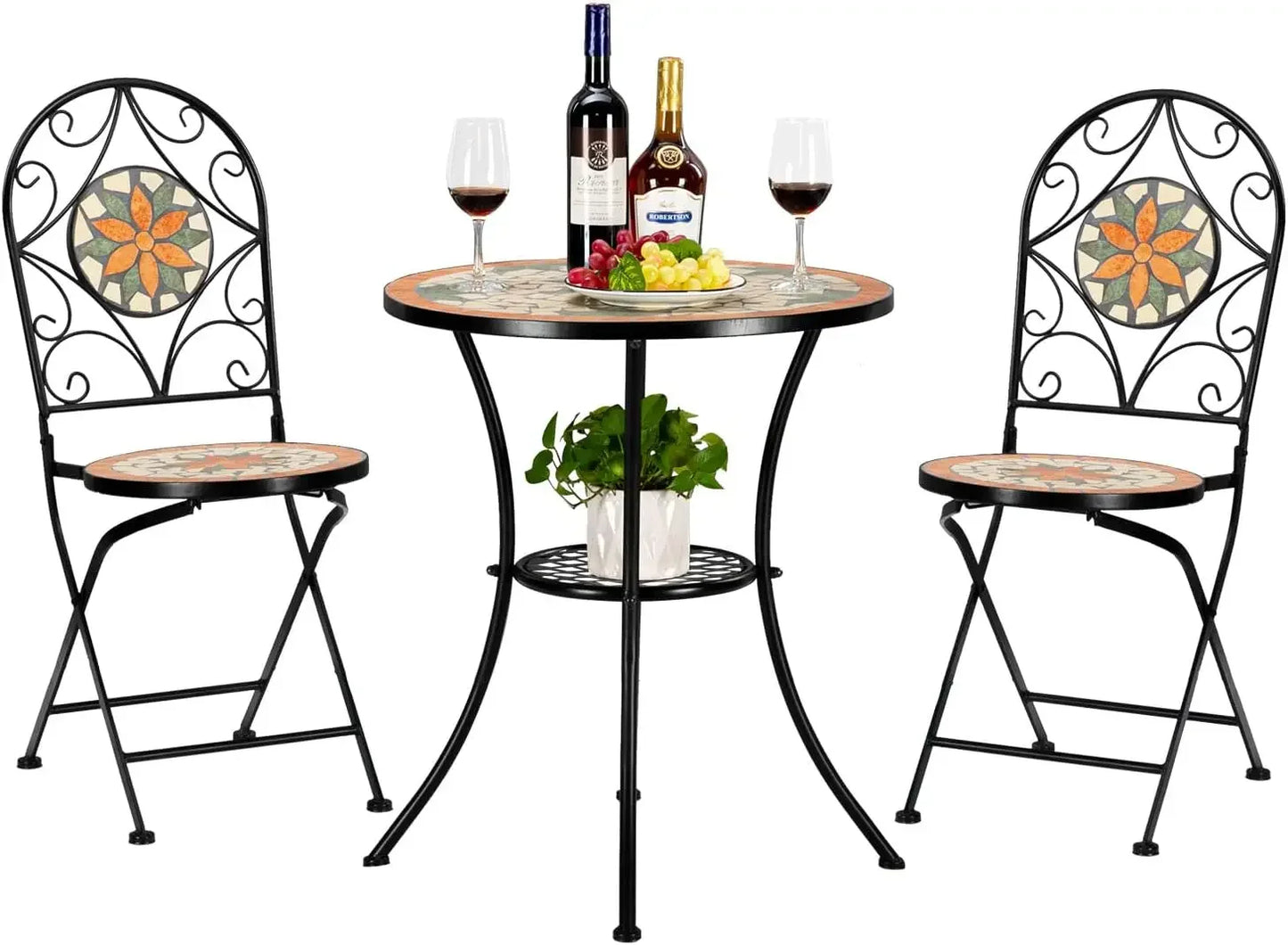 2025-3 Pieces Garden Patio Mosaic Table, Outdoor Bistro Set with Folding Chairs,Black Iron Frame