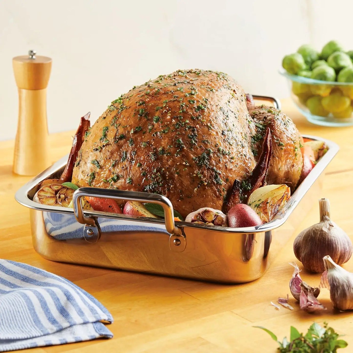 Stainless Steel Roasting Pan with Rack, 17x12.25 Inch, Oven Safe to 500°F, Dishwasher Safe