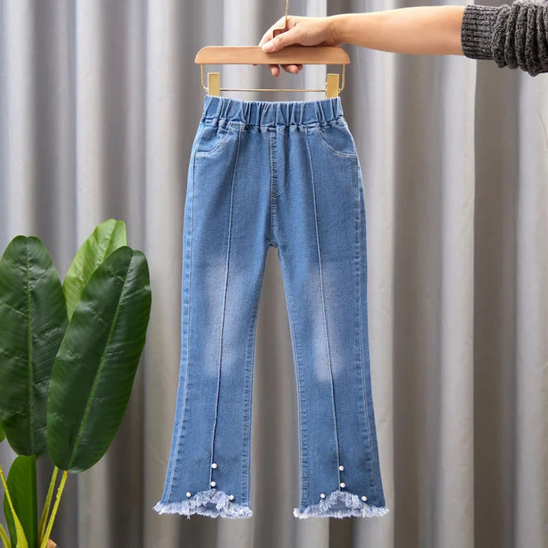 New Autumn Elastic Kids Jeans Girls Cute Leisure Bow Denim Blue Children Flared Pants teenage Girl Clothes Trousers 3 - 12 Y