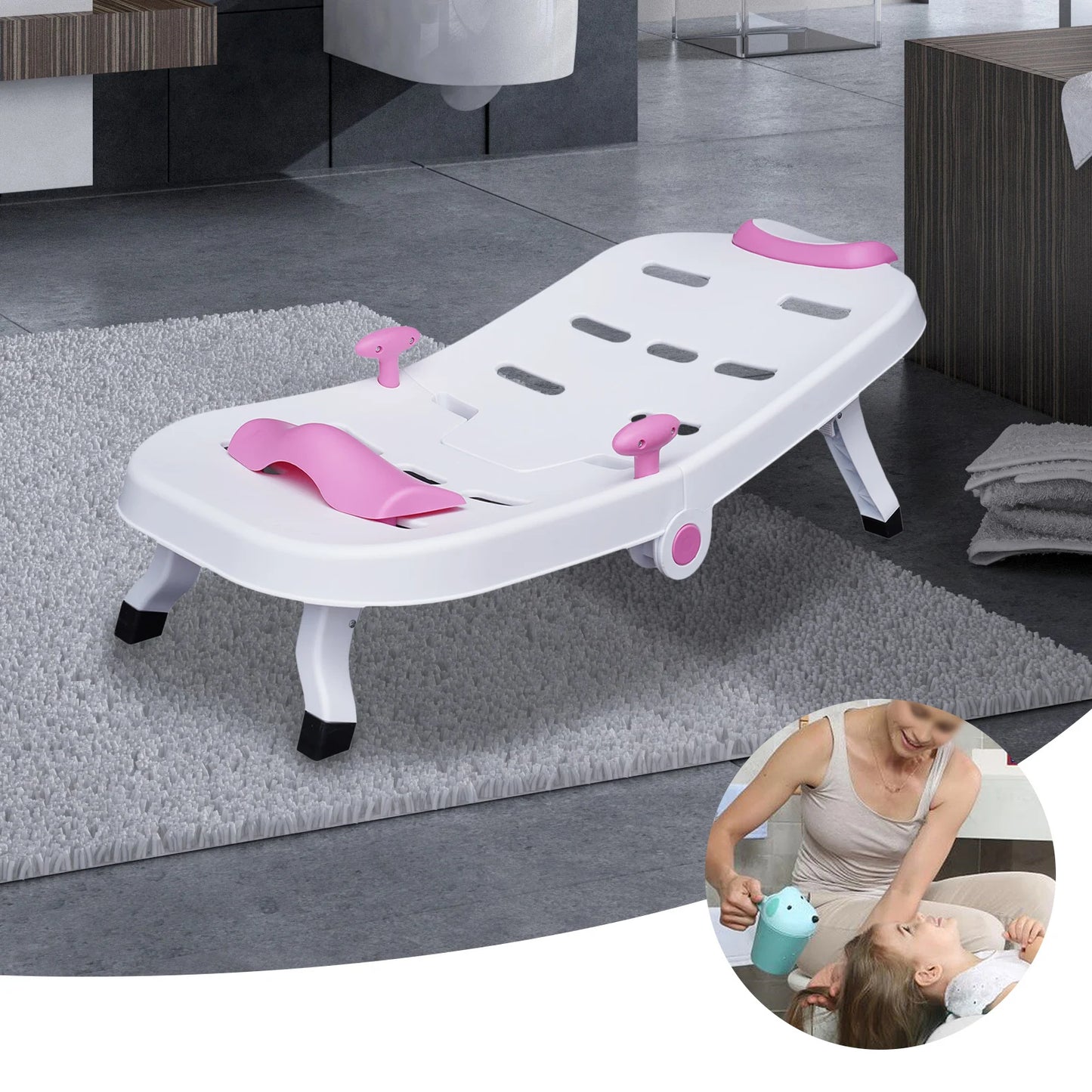 Foldable Kids Shampoo Chair Anti-Slip Bath Chair for Hair Washing, Pink Baby Shampoo Sink Chair with Headrest, Ages 0-10