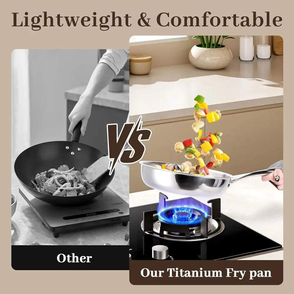 9.45 Inch 99.6% Titanium Frying Pan with Lid, Non-Toxic Cookware for Even Heating, Induction Compatible, Oven & Broiler Safe