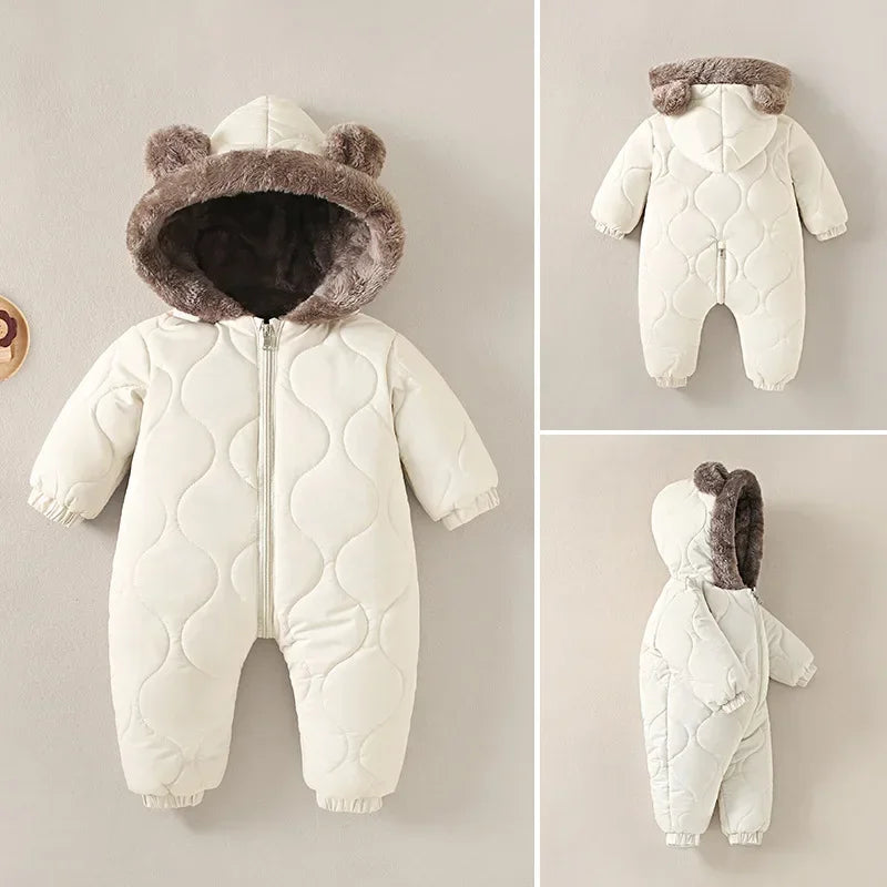 0-2Y Toddler Baby Boy Romper Autumn Winter Fleece Plus Velvet Hooded Warm Snowsuit