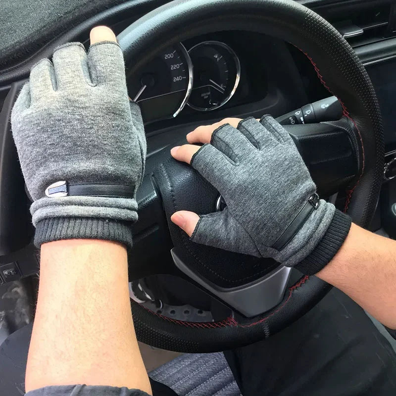 Autumn Winter Fleece Lined Half Fingers Gloves Men Male Outdoor Driving Riding Warm Fingerless Mittens Punk Hip Hop Gloves