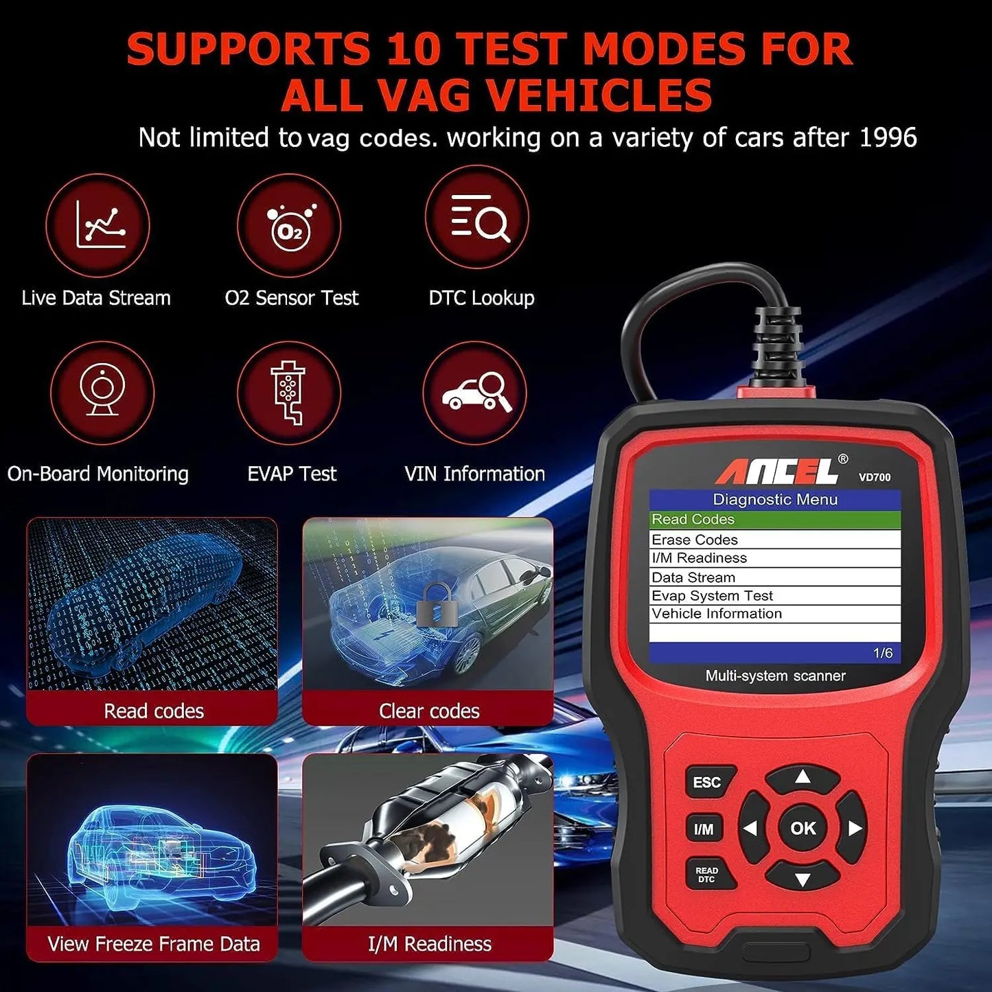 ANCEL VD700 OBD2 Diagnostic Tool Code Reader Scan Tool Fit for Volkswagen Audi VW Skoda Seat All Functions OBD11 Scanner