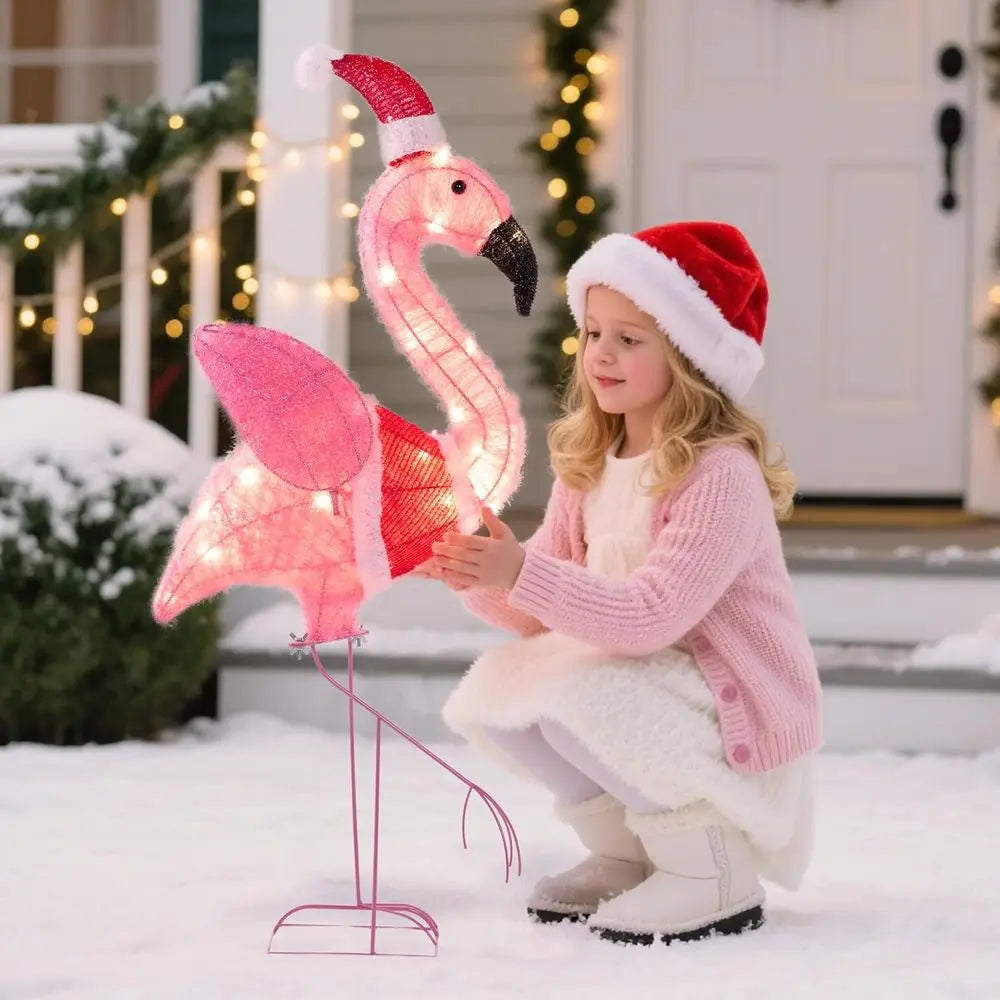 Glowing Outdoor Christmas Flamingo Decorations, 30 LED Warm White Lights for Holiday Yard, Lawn Ornaments with Metal Stakes