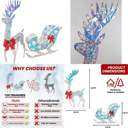 Illuminated Iridescent Santa Sleigh & Reindeer Set, 4ft Outdoor/Indoor Christmas Lawn Decoration with 140 Lights