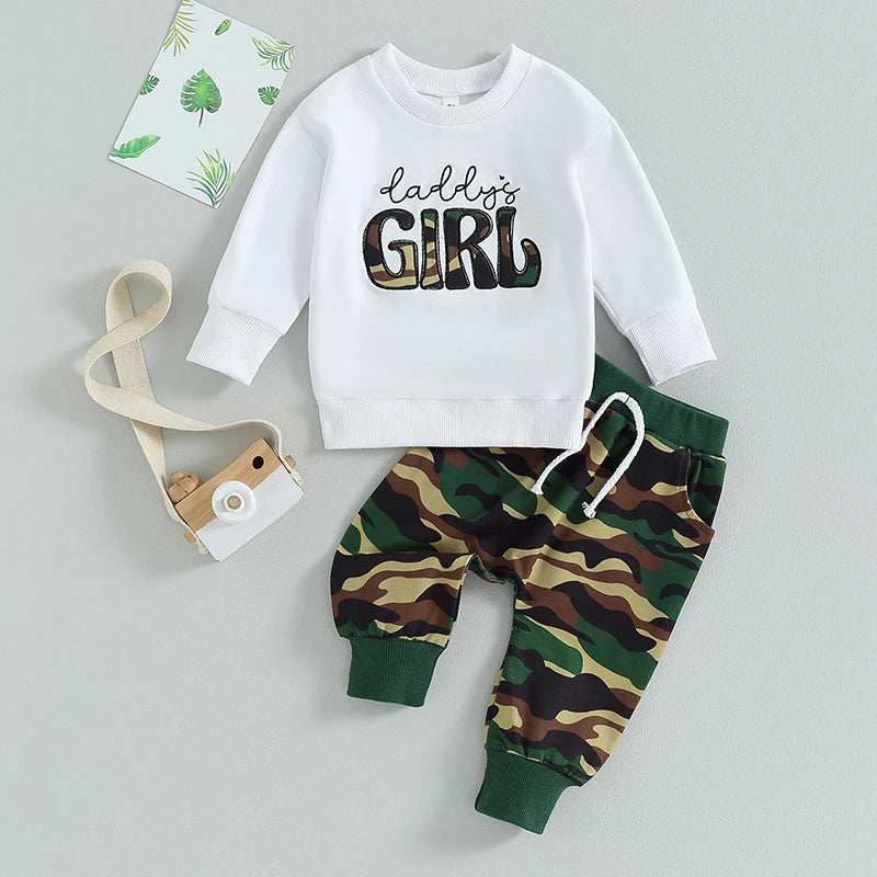 Adorable Baby Girl 2-Piece Spring Ensemble with Floral Embroidered Pullover and Camo Print Pants - Cute Toddler Outfit for