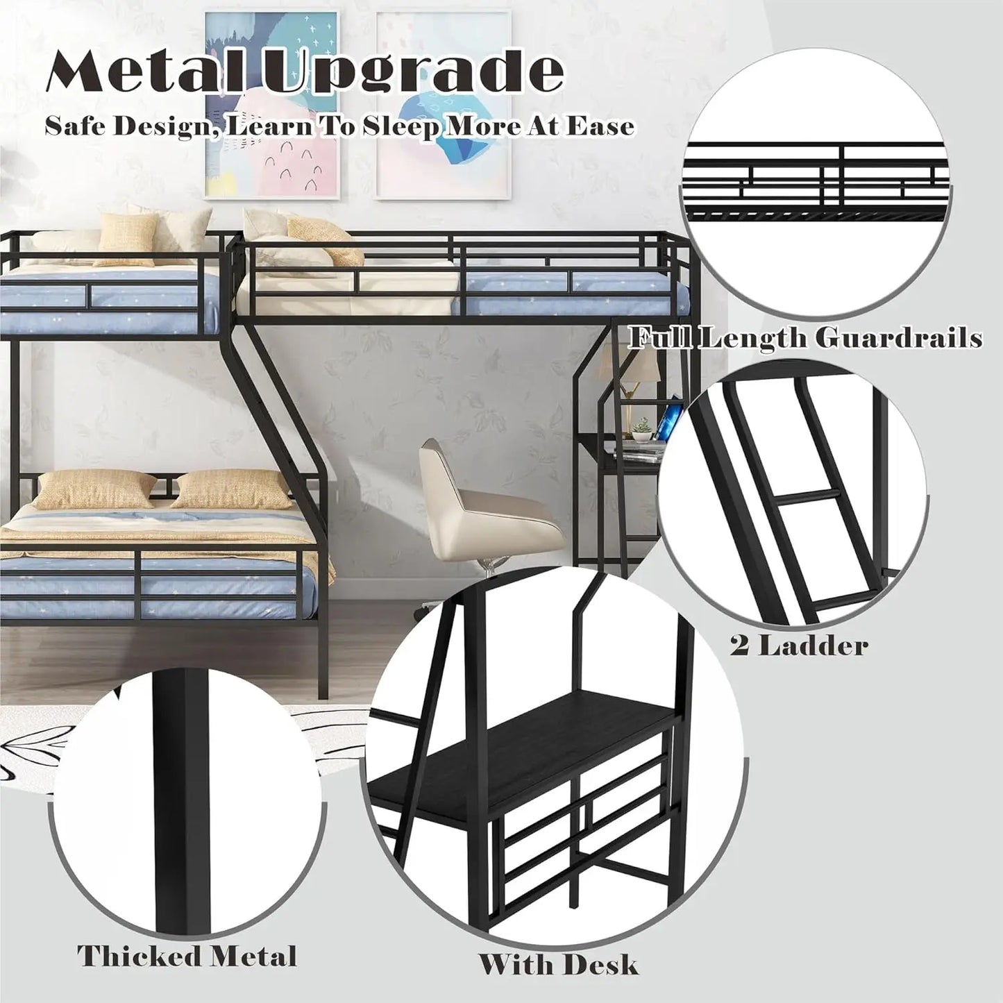 Twin Over Full L-Shaped Triple Bunk Bed with Loft Bed for 3 Kids  Over Twin Over Full Metal Bunk Bed with Desk