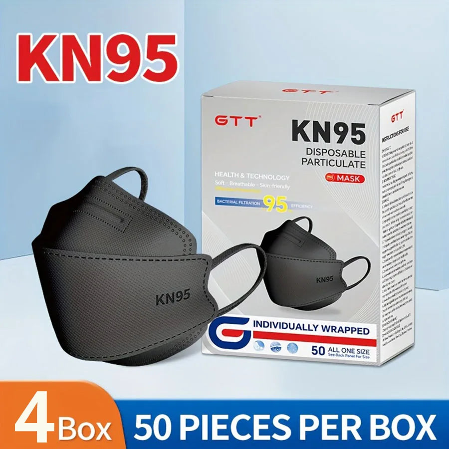 GTT 50-200Pcs Disposable Masks KN95 Fish-shaped 3D Mask Independent Packag 4-layer Filter Dust-proof Protection Mask Black White