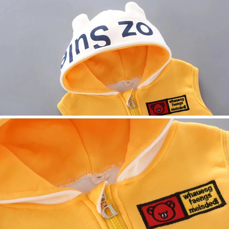 Autumn Winter Baby Girls Cute Bear Clothes Boys Thick Hooded Vest With Long Sleeve Top And Pants 3PCS Sets Kids Warm Tracksuits