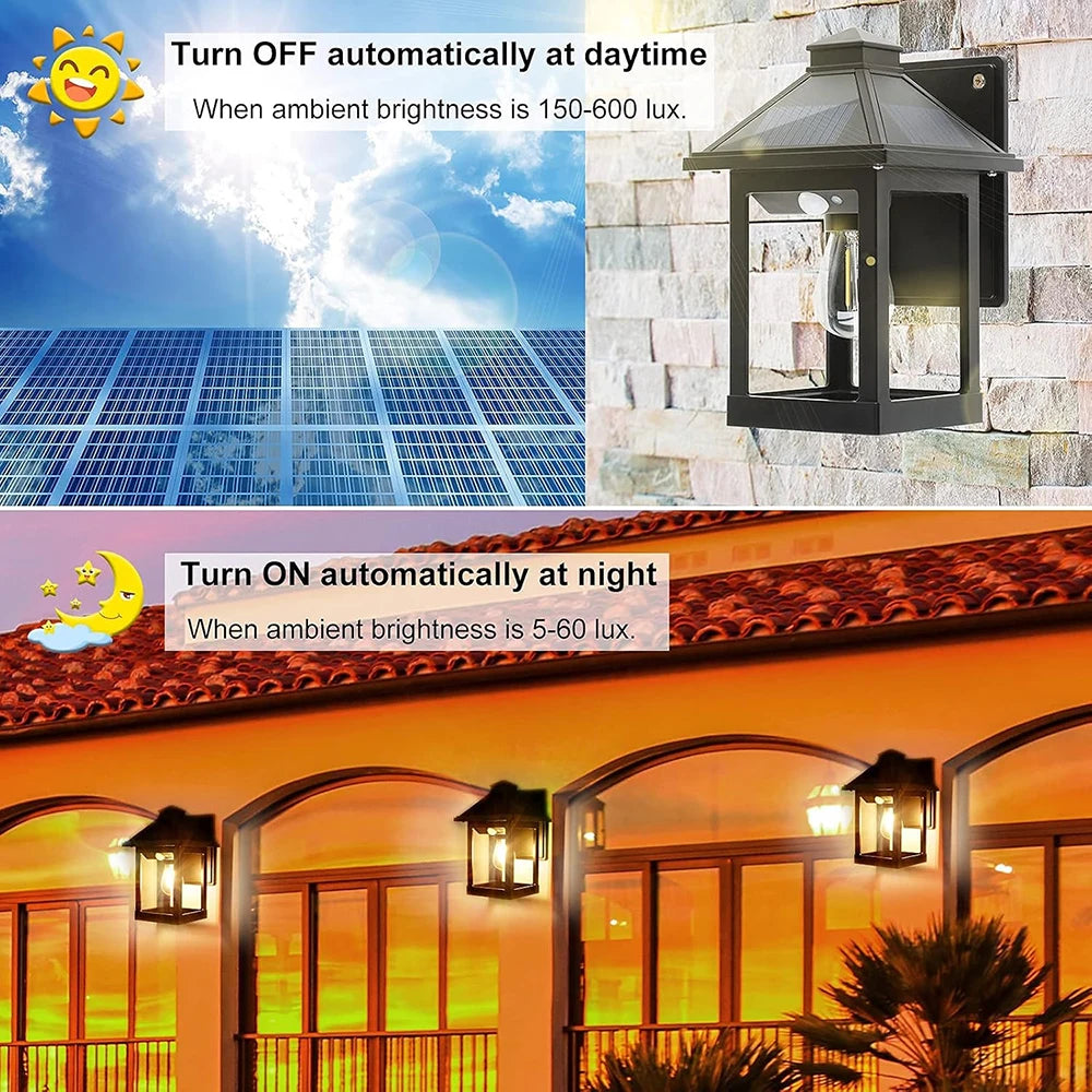 2 Piece Solar Powered Wall Lanterns with 3 Modes Dusk to Dawn Motion Sensor LED Sconce Lights Exterior Front Porch Security Lamps