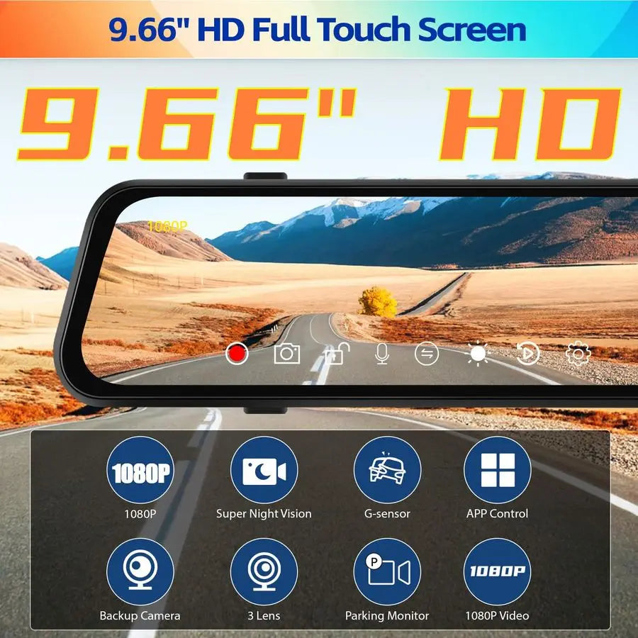 Mirror Dash Cam 9.66 Inch 3 Channel Front Rear Inside View Mirror Camera Triple Mirror Dash Cam Night Vision, G Sensor, Parking Asst