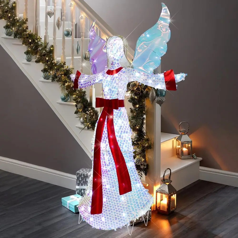 Illuminated 3 D Angel with Glitter Halo and LED Lights, 5 FT Christmas Lawn Garden Decor