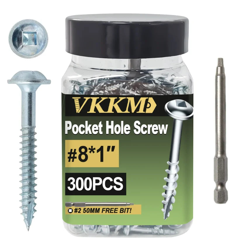 VKKM Galvanized Pocket Hole Screws #7 #8 1-1/4" 1-1/2" 200-300PCS w/ Free Drill Bits for Woodworking Tools