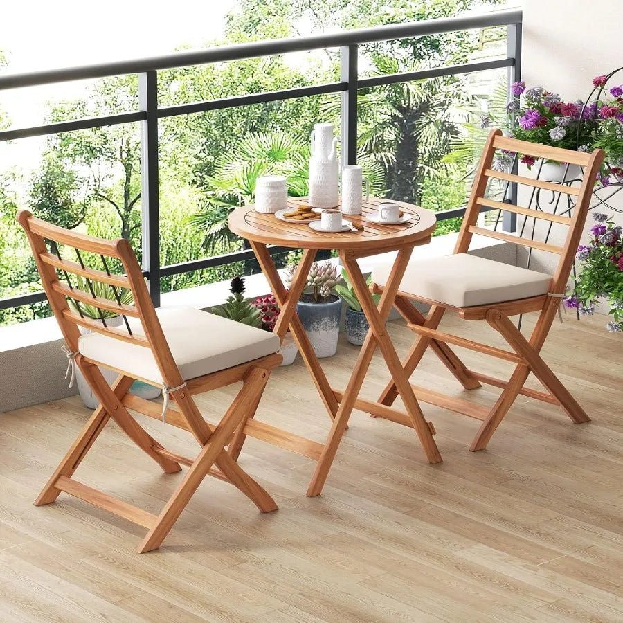 3 Pieces Acacia Wood Patio Bistro Set Folding Outdoor Table and Chairs Set with Cushions Outdoor Patio Furniture Set for Porch