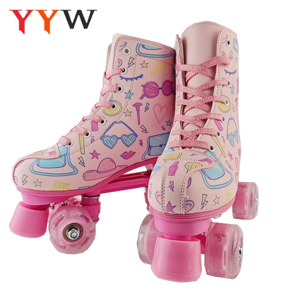 Outdoor Skating Shoes Quad Skates Sneakers PU Leather Roller Skates Skating Shoes for Kids Girls Beginner Roller Skating Shoes