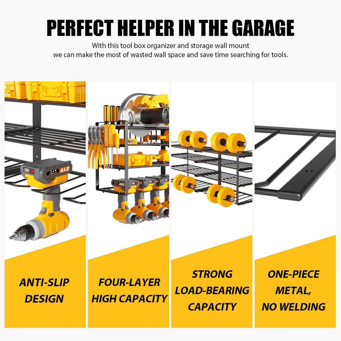 Power Tool Storage Rack 4 Layers Organizer-8 Tool Floating Shelf Wall Mount Heavy Duty Iron Drill Holder for Basement Workbench