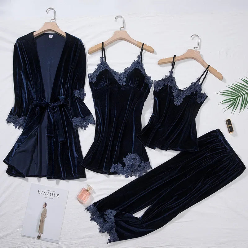 Casual Velour Home Clothing 4pcs Sleep Set Intimate Lingerie Women Pajamas Suit Long Sleeve Lace Velvet Homewear Pyjamas set