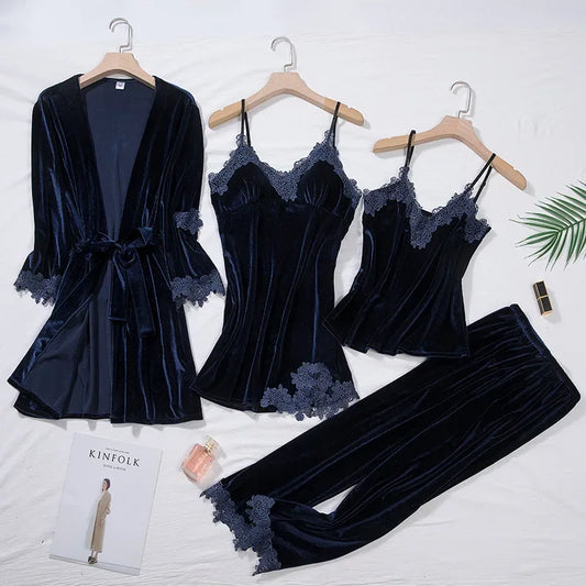 Casual Velour Home Clothing 4pcs Sleep Set Intimate Lingerie Women Pajamas Suit Long Sleeve Lace Velvet Homewear Pyjamas set