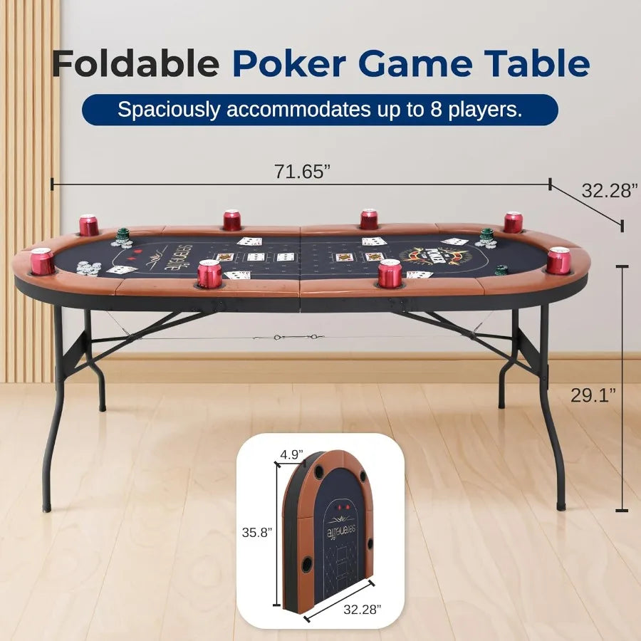 8 Player Foldable Poker Table 71 inch Portable Casino Table for Texas Holdem w/Cushioned Rail Cup Holders Folding Game