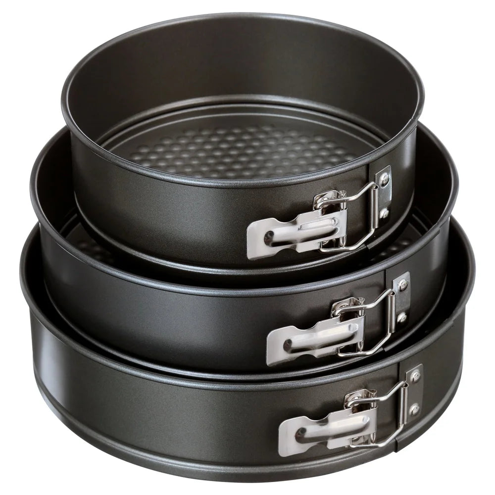 3 Piece Nonstick Carbon Steel Springform Cake Pan Set Oven Safe Durable Bakeware Rust Scratch Resistant Cheesecake and Pastries