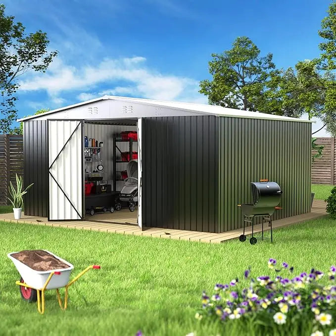 14 x 12FT Outdoor Storage Shed, Metal Waterproof Storage Shed Steel Utility Garden Tool Shed with Door & Lock Outdoor，Customized