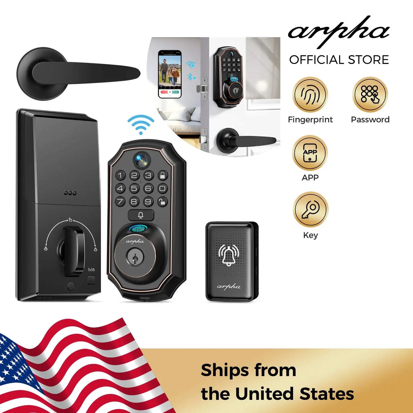 ARPHA Smart Door Lock D289L 2.4Ghz WiFi Smart Lock Multi-Function Unlocking Fingerprint Lock with Camera Built-in Doorbell  Lock