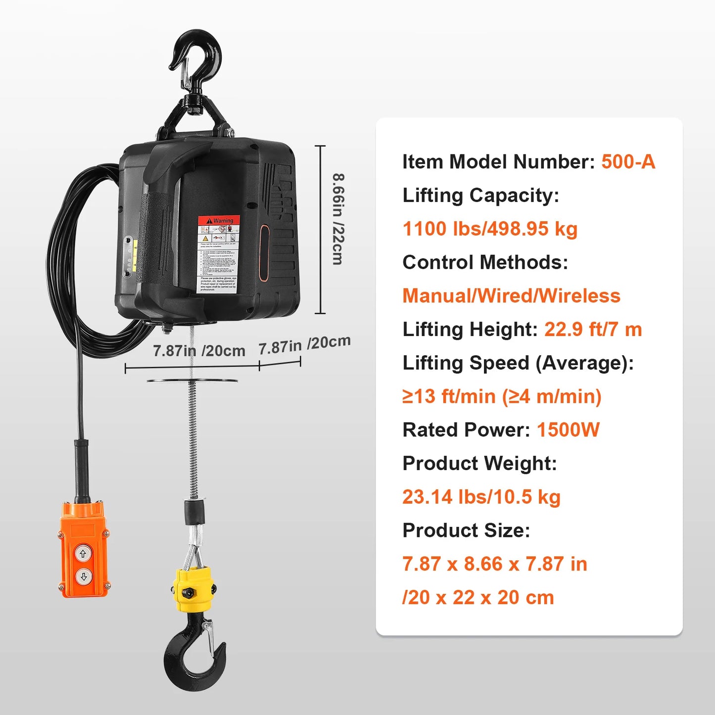 1100 lbs 1500 W Electric Hoist Winch Portable Power Winch Crane with Wireless Remote Control for Overload Protection