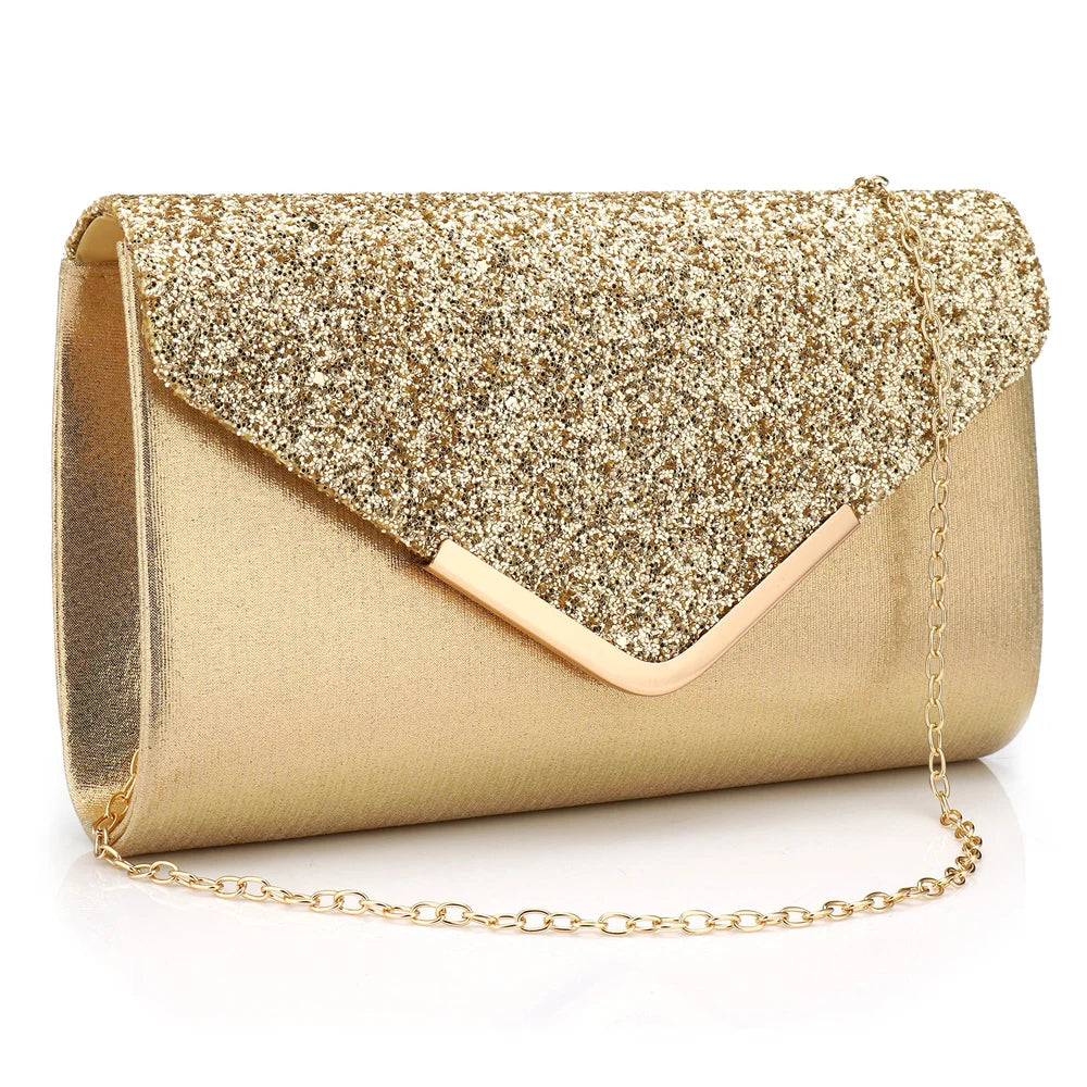 Gold Clutch Bags V Design Metal Chain Glitter Sequined Evening Bags With Envelope Party Wedding Casual Lady Handbags Banquet