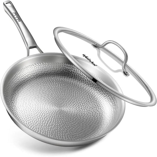 12 Inch Titanium Hammered Pro Frying Pan with Lid, Non-Stick, Non-Toxic, PFOA/PTFE Free, Dishwasher and Oven Safe, Induction Com