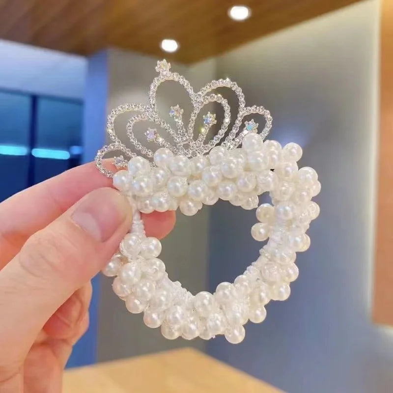 1PCS New Fashion Pearl Crown Princess Cute Kids Elastic Children Ties Girls Hair Accessories Baby Headwear