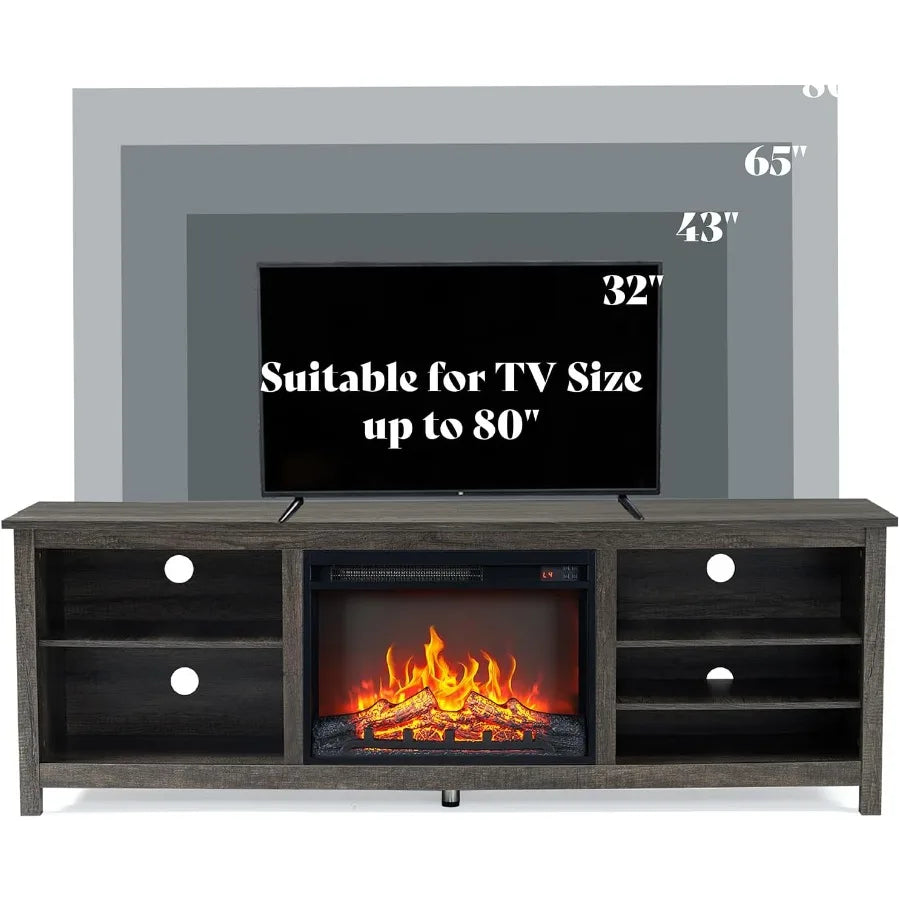 Farmhousestyle Wood Texture Fireplace TV Stand with Builtin 23inch Electric Fireplace for Cozy Living Room Ambiance Rustic Grey