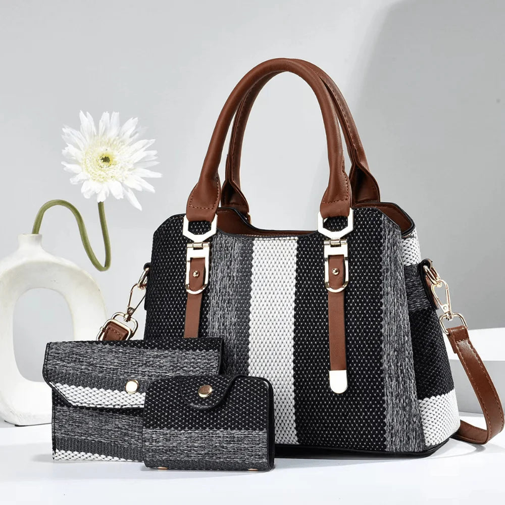 2025 New Design Color Contrast Tote 3PCS Bag Set, Canvas Shoulder Bag Crossbody Bag with Purse and Card Holder, Premium PU Leath