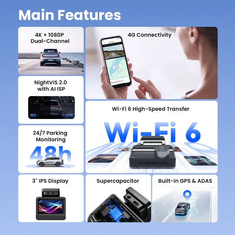 DDPAI 4K Dash Cam Z50 Pro 5GHz Wi-Fi GPS ADAS Night Vision 4G Connectivity Car DVR 24H Parking Support Front and Rear Cam