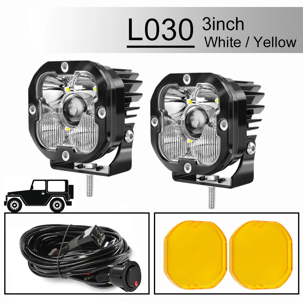 3 inch Yellow LED Fog Light Pods for Jeep Offroad Trucks Pickup Motorcycle Amber Ditch/Rear Chasing/A-Pillar Lights 3000K 2PCS