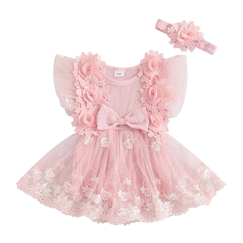 Infant Girls Floral Embroidered Romper with Mesh Skirt and Matching Headband Set for Baby Bodysuits and Jumpsuits