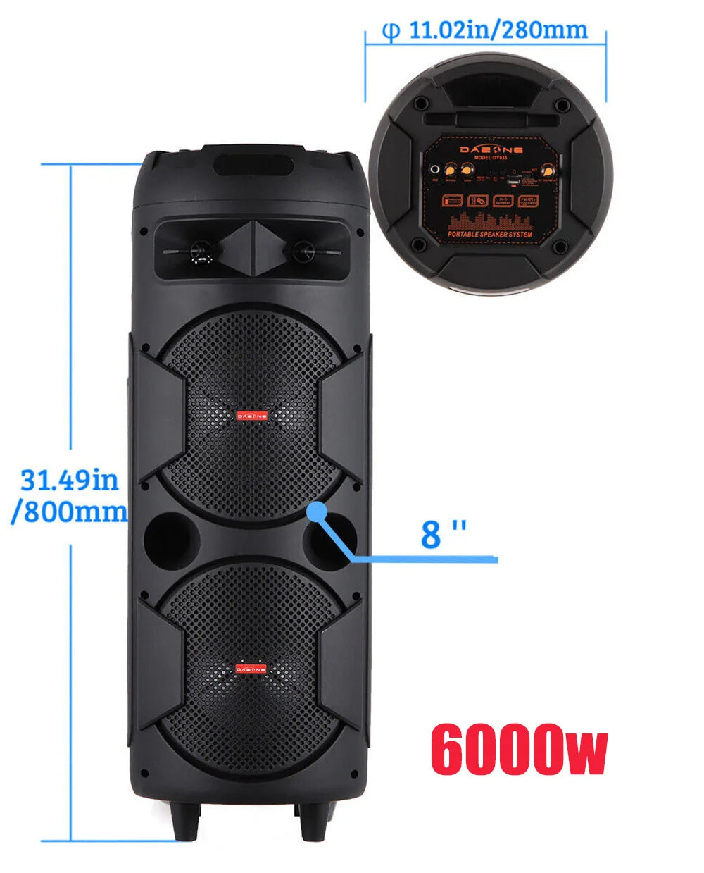 6000 W Portable Bluetooth Speaker Sub woofer Heavy Bass Sound System Party D J Karaoke RGB Light Rechargeable Speaker