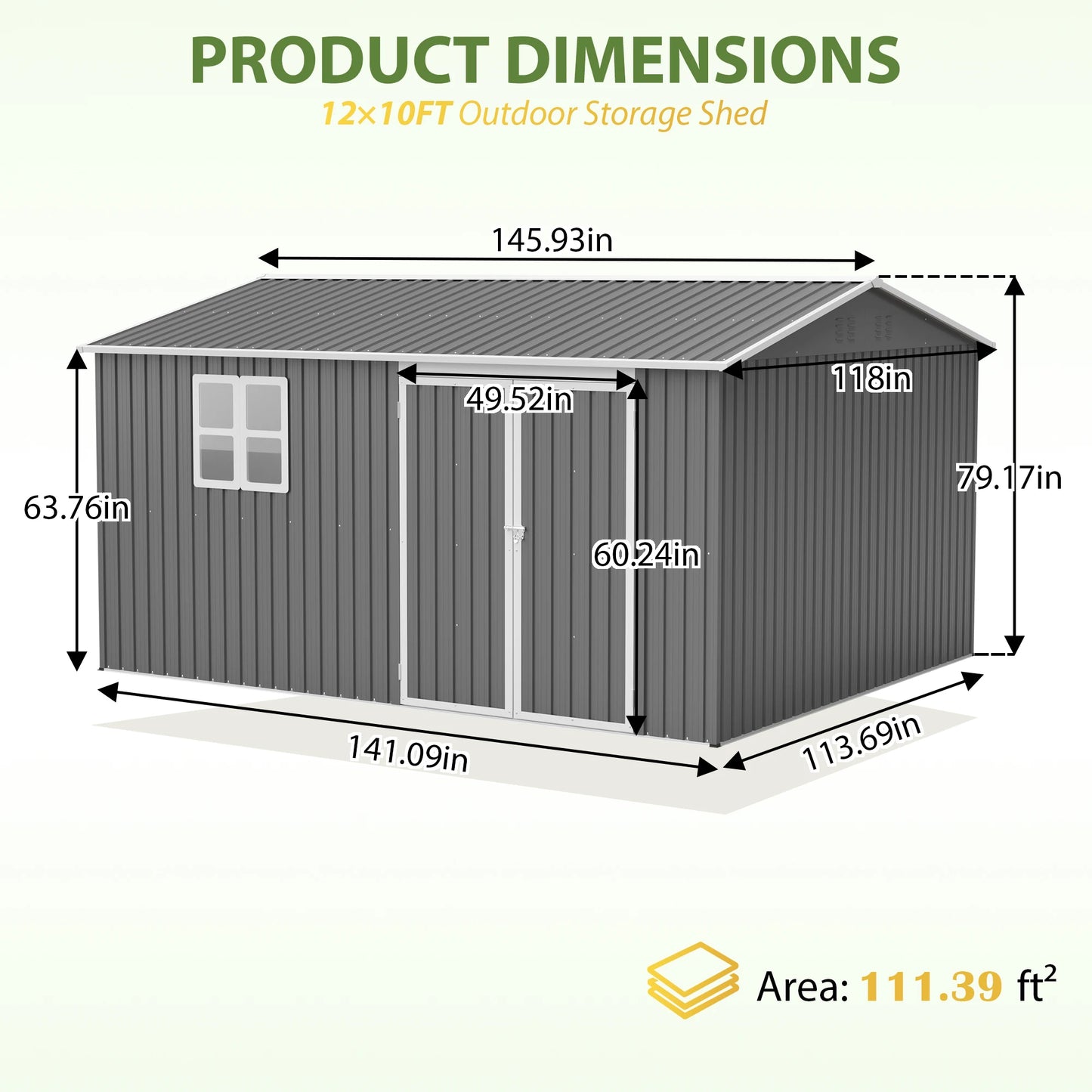 12x10FT Grey Metal Outdoor Storage Shed, Lockable Waterproof Steel Garden Tool & Equipment Building for Backyard