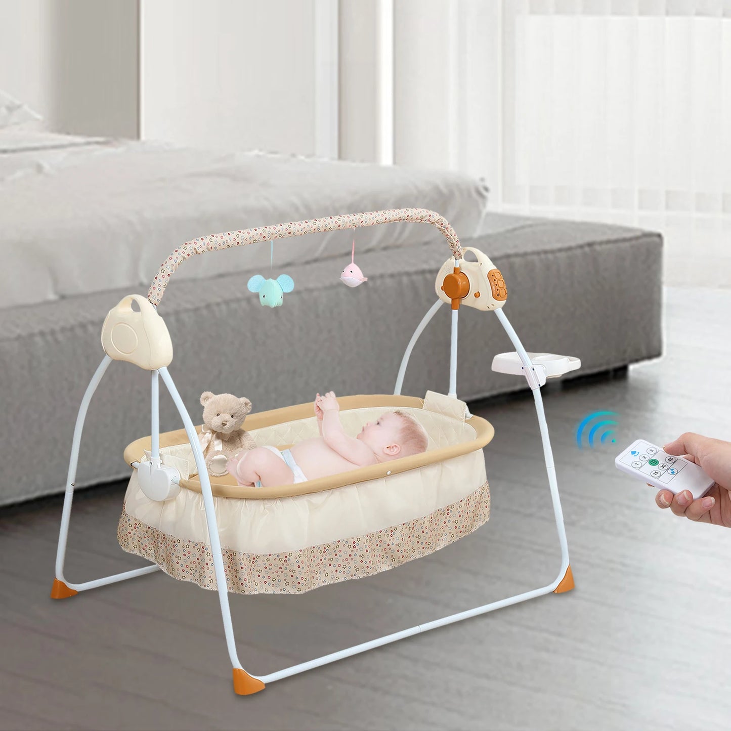 Electric Cradle Foldable Electric Baby Cradle w/ Music Dual Control, Mosquito Net & Swing, 5-Level Adjustable Rocking Bassinet