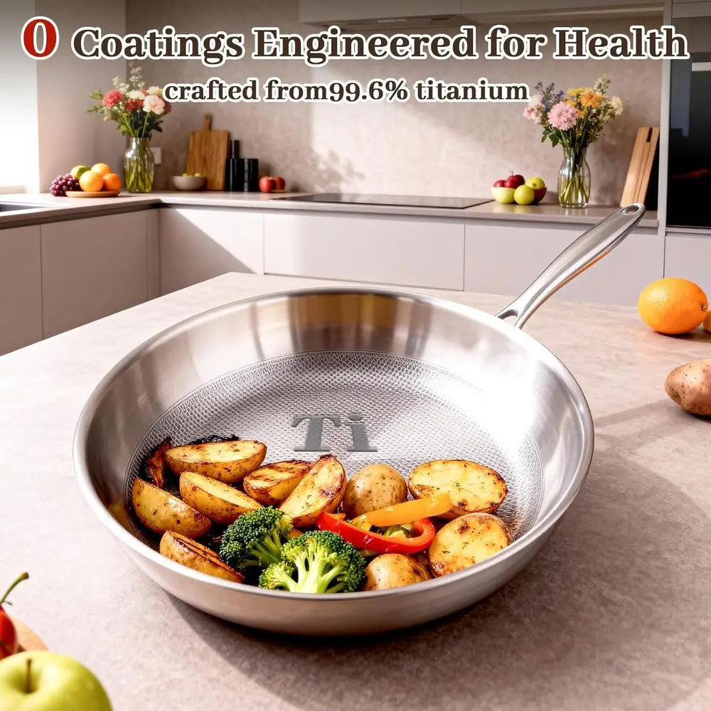 9.45 Inch 99.6% Titanium Frying Pan with Lid, Non-Toxic Cookware for Even Heating, Induction Compatible, Oven & Broiler Safe