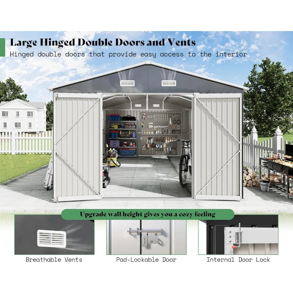 10 x 16 x 7.2 Ft Metal Storage Shed with Two Clear Panels, Outdoor Tool Storage with Hinged Double Doors, Windows, and Vents