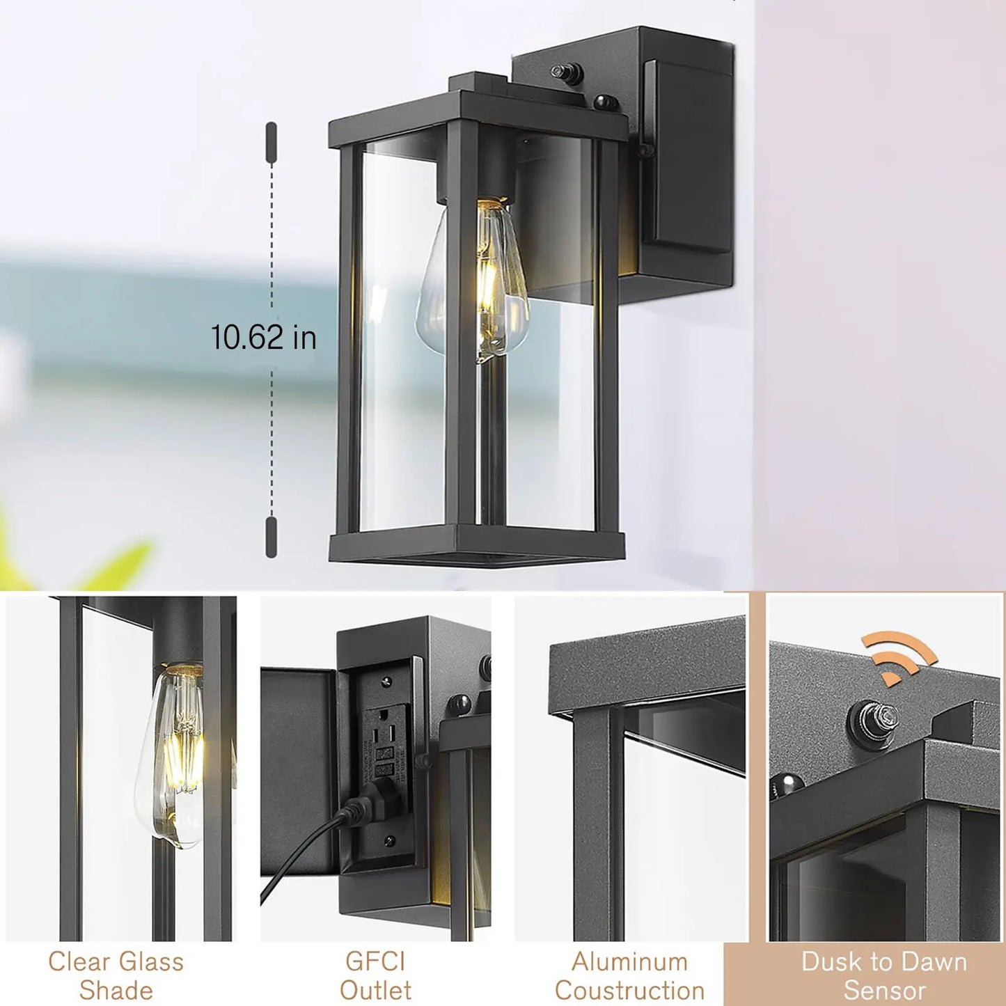 Porch Light With GFCI Outlet Dusk To Dawn Outdoor Light Exterior Lighting Fixtures Wall Mount For House Patio Garage Hallway