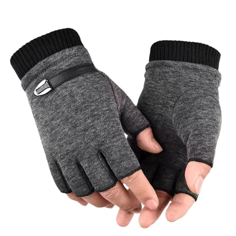 Autumn Winter Fleece Lined Half Fingers Gloves Men Male Outdoor Driving Riding Warm Fingerless Mittens Punk Hip Hop Gloves