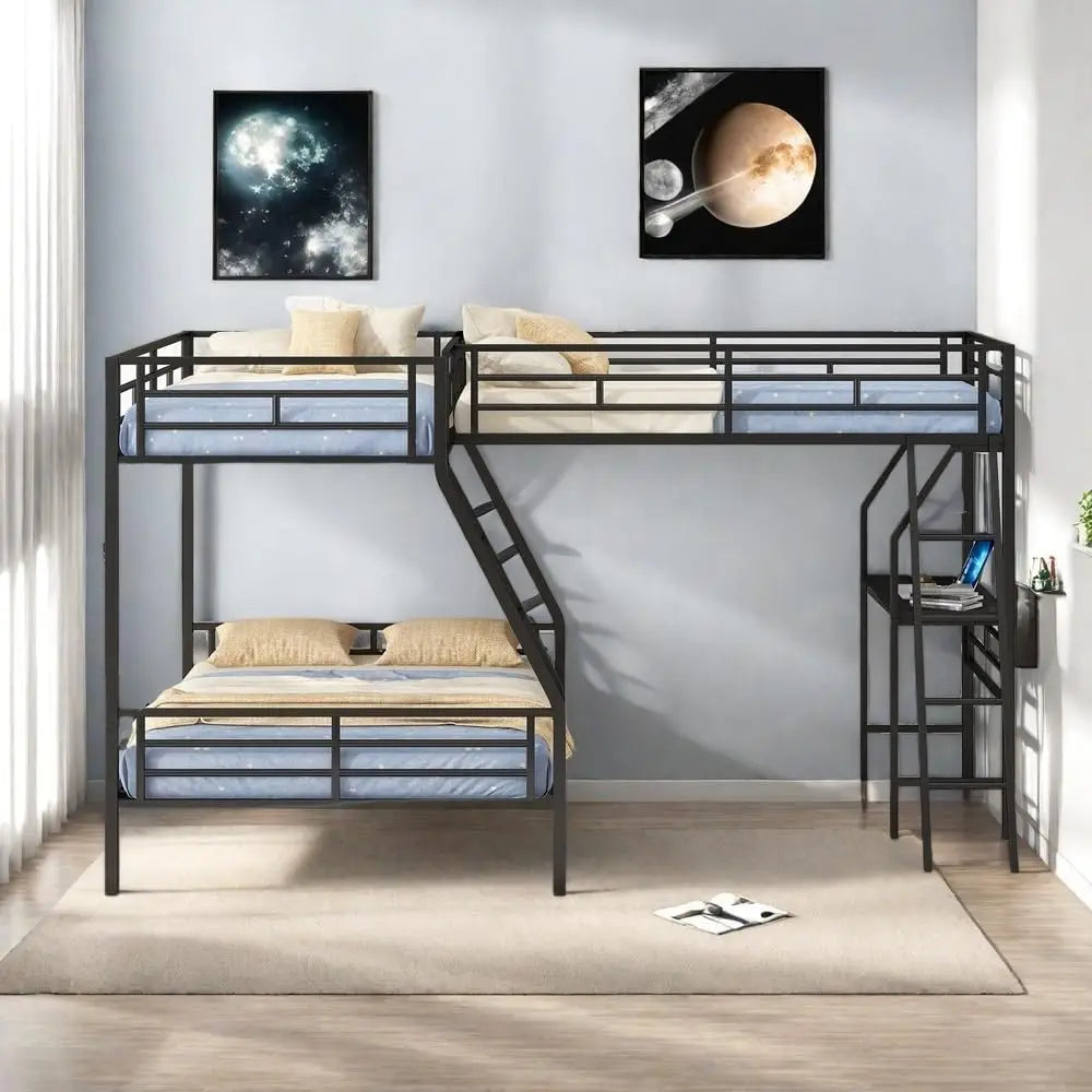 Twin Over Full L-Shaped Triple Bunk Bed with Loft Bed for 3 Kids  Over Twin Over Full Metal Bunk Bed with Desk