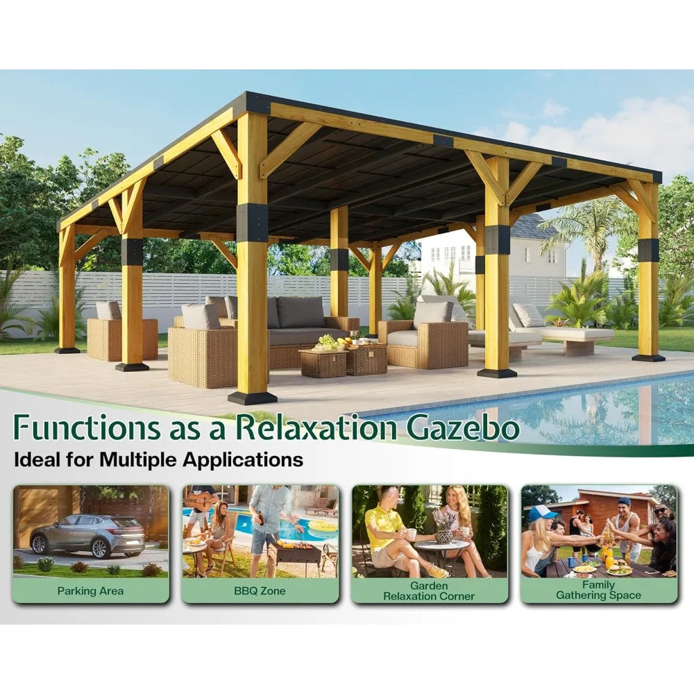 20 x 20 x 9.2 FT Cedar Wood Carport with Sloped Galvanized Steel Roof, Heavy Duty Shelter for 2 Cars, Trucks, Boats & Tract