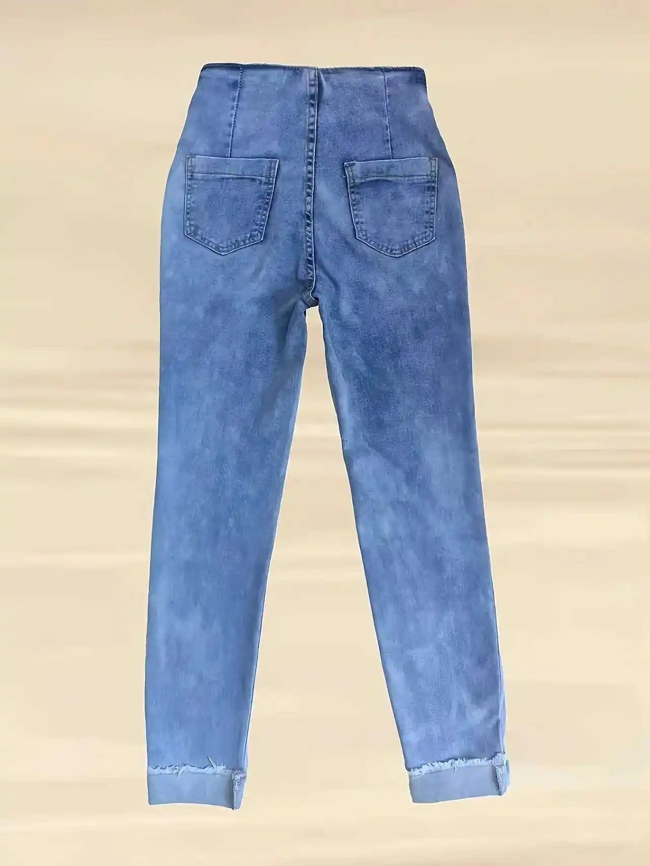 Women's multi-button gradient blue jeans, slim-fit, fashionable, mid-waist, stretchable, tight-cuffed denim trousers.