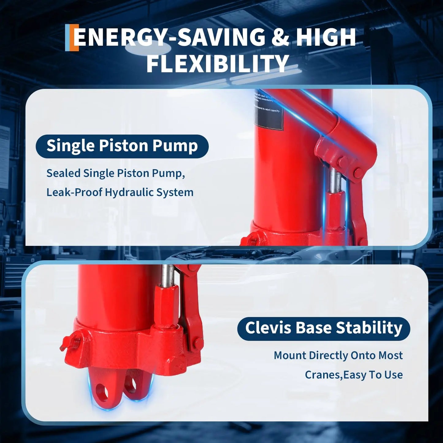 8 Ton Air/Hydraulic Long Ram Jack, Engine Hoist Cylinder with Air Pump & Clevis Base, Long Ram Jack for Engine Hoists, Garage Crane