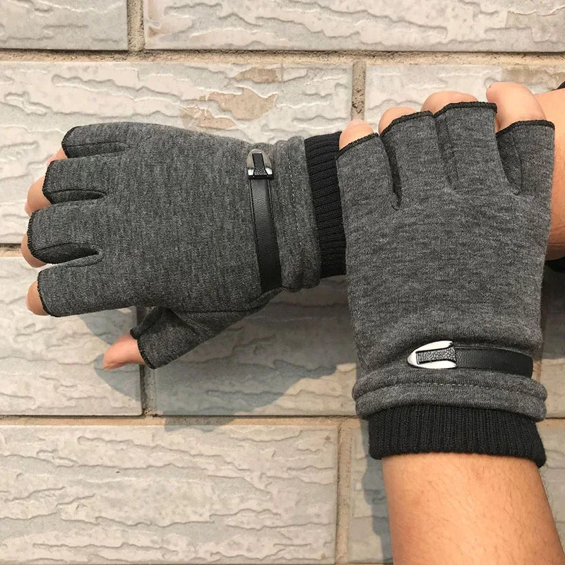 Autumn Winter Fleece Lined Half Fingers Gloves Men Male Outdoor Driving Riding Warm Fingerless Mittens Punk Hip Hop Gloves