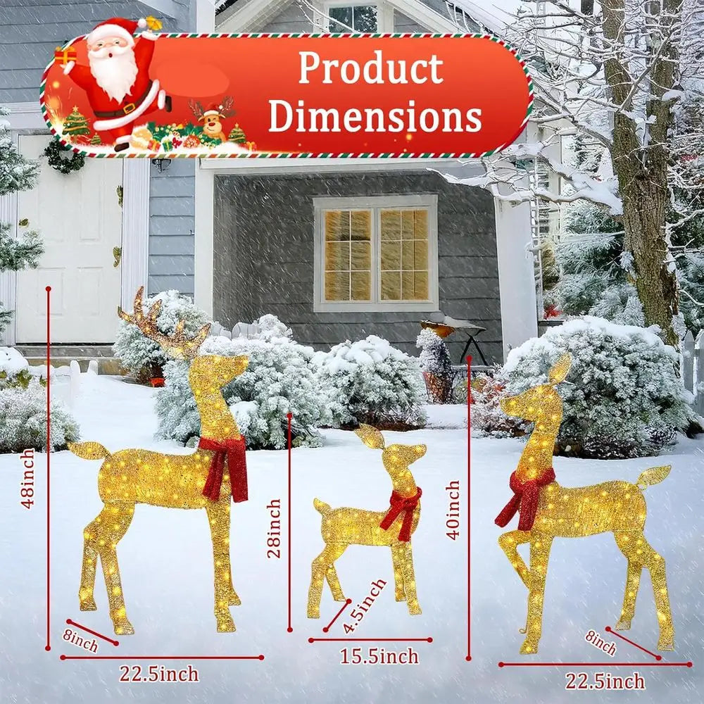 48 2.5 D Gold LED Lighted Christmas Deer Set, 3-Piece Outdoor Reindeer Decorations with 145 Lights for Lawn and Garden