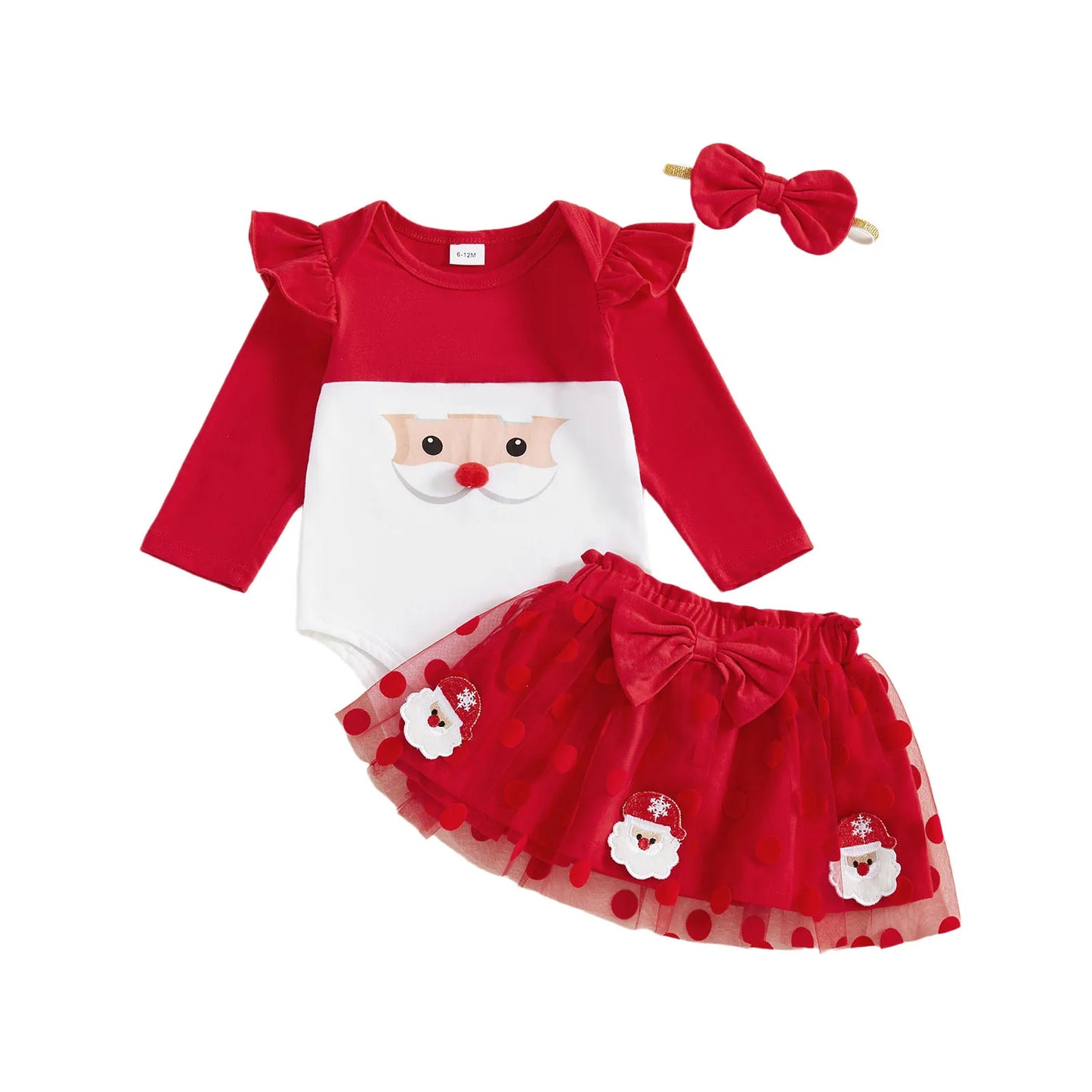 Baby Girls 3pcs Outfit Christmas Long Sleeve O Neck Reindeer Print Jumpsuit Headband Bow Mesh Skirt Newborn Clothes Set